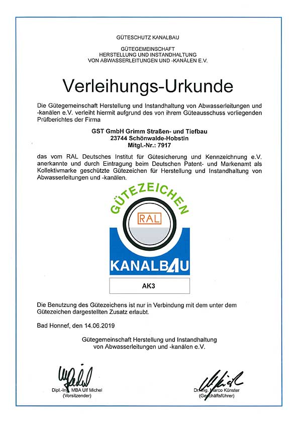 Zertifikat Gütezeichen Kanalbau AK3