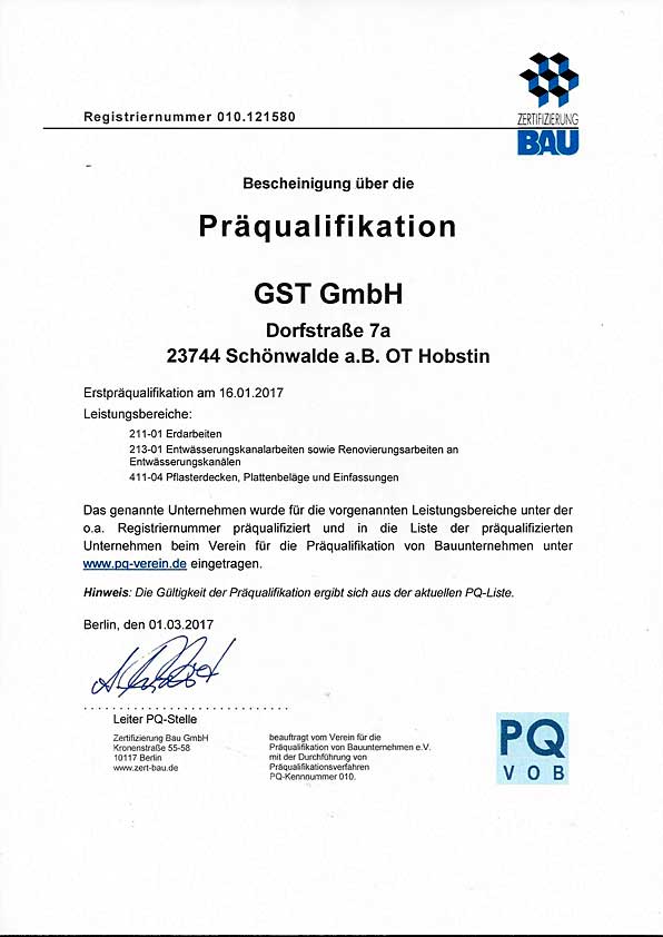 Zertifikat Präqualifikation VOB